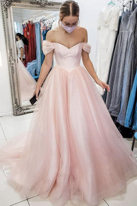 Promfast Light Pink Off The Shoulder Long Tulle Prom Evening Dress, A Line Simple Party Dress PFP2117