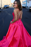 Promfast Cute A line Deep V neck Lace up Pink Satin Long Prom Dresses PFP2119