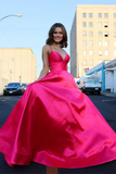 Promfast Cute A line Deep V neck Lace up Pink Satin Long Prom Dresses PFP2119