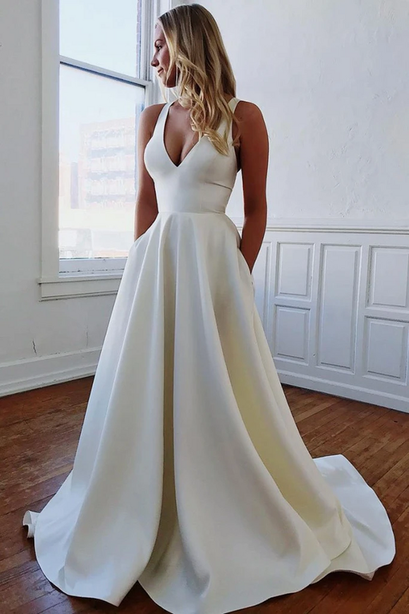 Promfast Elegant V Neck Ivory Wedding Dresses with Pockets, Open Back Satin Wedding Gowns PFW0604