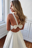 Promfast Elegant V Neck Ivory Wedding Dresses with Pockets, Open Back Satin Wedding Gowns PFW0604