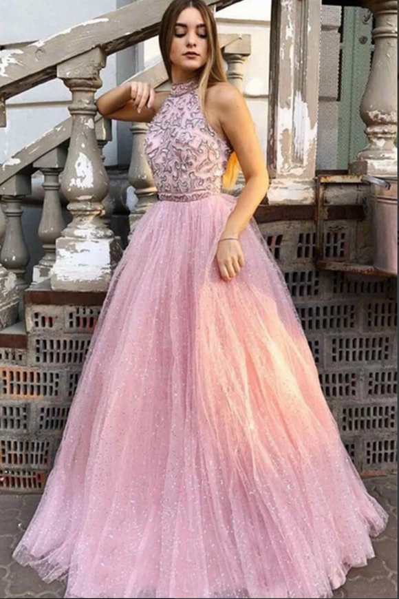 Promfast Sparkly Tulle A line Halter Appliqued Long Prom Dresses, Evening Gowns PFP2123