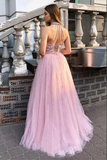 Promfast Sparkly Tulle A line Halter Appliqued Long Prom Dresses, Evening Gowns PFP2123