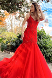 Promfast Chic Mermaid Red Spaghetti Straps V Neck Applique Prom Dress Tulle Evening Dress PFP2125