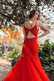 Promfast Chic Mermaid Red Spaghetti Straps V Neck Applique Prom Dress Tulle Evening Dress PFP2125