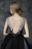 Promfast Chic A line Scoop Black Applique Tulle Evening Dress Wedding Dress PFW0605