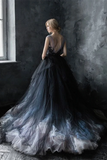 Promfast Chic A line Scoop Black Applique Tulle Evening Dress Wedding Dress PFW0605