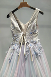 Promfast Beautiful Prom Dress A line V neck Applique Ombre Tulle Long Prom Dresses Evening Dress PFP2128