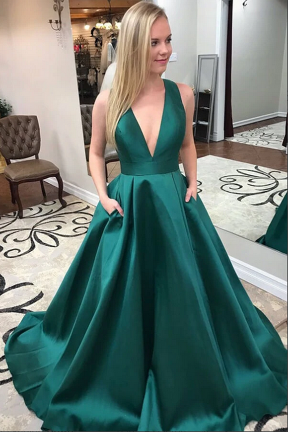 Promfast Dark Green Satin A Line V Neck Prom Dresses With Pockets, Evening Gown PFP2130