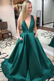 Promfast Dark Green Satin A Line V Neck Prom Dresses With Pockets, Evening Gown PFP2130