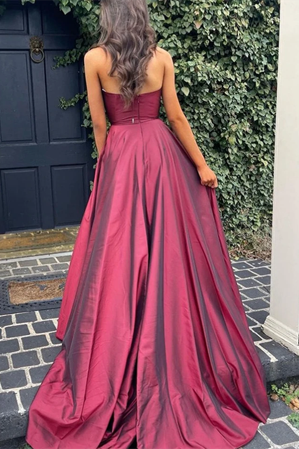 Promfast A Line V Neck Open Back Burgundy Long Prom Dresses with High Promfast A Line V Neck Open Back Burgundy Long Prom Dresses with High