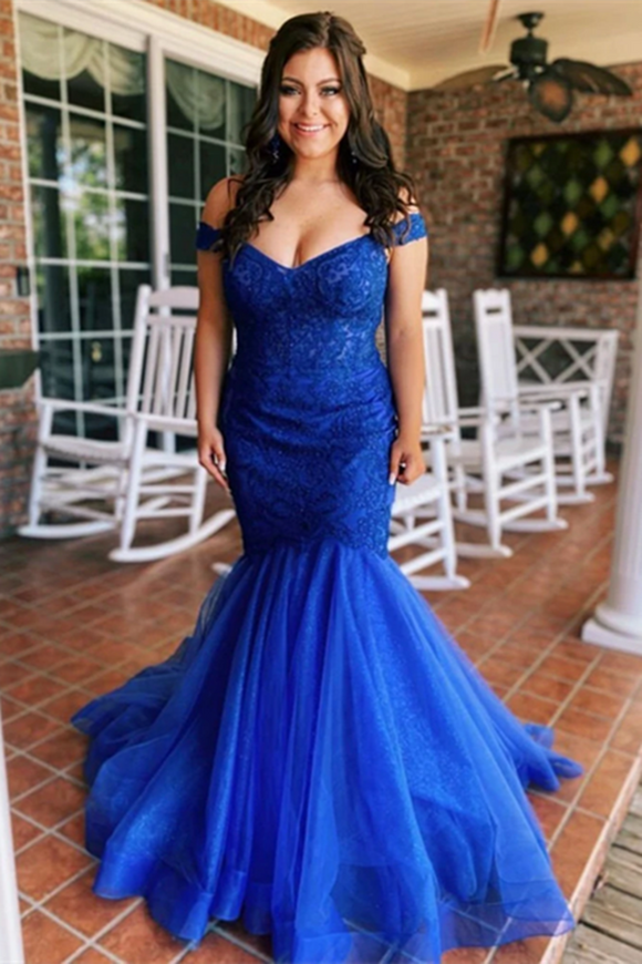 Promfast Chic Mermaid Off The Shoulder Royal Blue Prom Dress Tulle Evening Dresses PFP2132