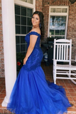 Promfast Chic Mermaid Off The Shoulder Royal Blue Prom Dress Tulle Evening Dresses PFP2132