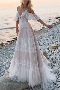 Promfast Gorgeous A line Lace Tassels Long Wedding Dresses PFW0607