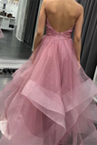 Promfast Glitter Straps Ruffled Pink Long Prom Dresses Backless Formal Gown PFP2134