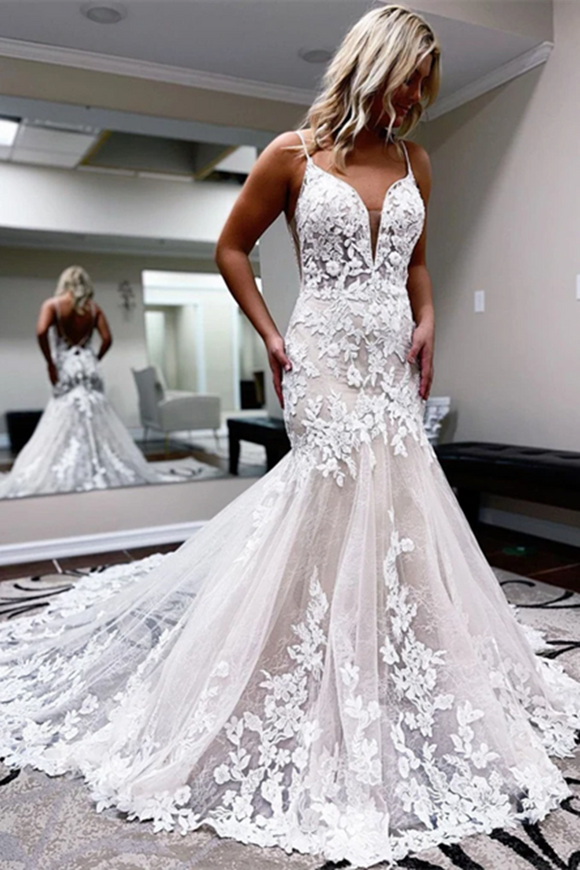 Promfast Romantic A line Spaghetti Straps Lace Wedding Dress Tulle Applique Bridal Gowns PFW0609