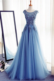 Promfast Chic A line Scoop Beaded Long Prom Dress Tulle Applique Evening Party Dress PFP2139