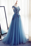 Promfast Chic A line Scoop Beaded Long Prom Dress Tulle Applique Evening Party Dress PFP2139