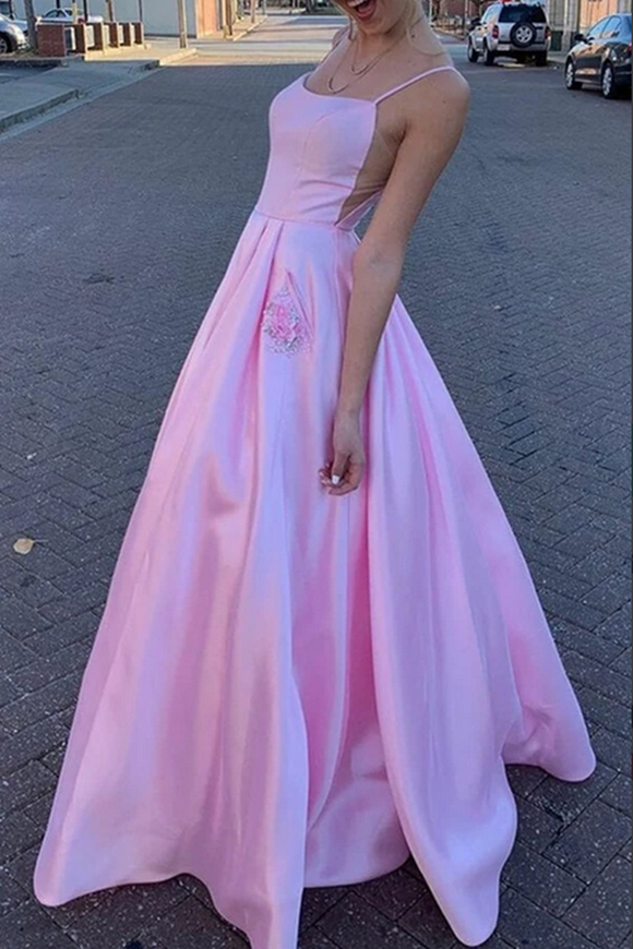 Promfast Pink Satin A line Spaghetti Straps Prom Dresses, Party Dress With Pockets PFP2140
