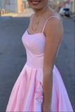 Promfast Pink Satin A line Spaghetti Straps Prom Dresses, Party Dress With Pockets PFP2140