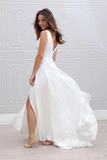 Promfast Deep V Neck Side Slit Wedding Dresses,Simple V Back Beach Wedding Gown PFW0610