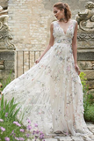 Promfast A Line V neck 3D Floral Lace Long Prom Dresses Evening Dresses PFP2141