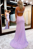 Promfast Chic A Line V Neck Sparkly Long Prom Dresses Sleeveless Evening Dress With Split PFP2143
