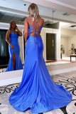 Promfast Chic A line Simple Double Spaghetti Straps Blue Prom Dresses Split Long Evening Dresses PFP2144