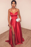 Promfast Charming A Line Sweetheart Spaghetti Straps Satin Red Long Prom Dresses with Side Split, Red Formal Dresses, Evening Dresses PFP2145