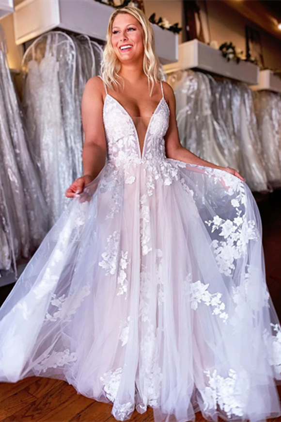Promfast A line Spaghetti Straps Applique Wedding Dress Backless Tulle Bridal Dress PFW0612