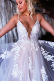 Promfast A line Spaghetti Straps Applique Wedding Dress Backless Tulle Bridal Dress PFW0612