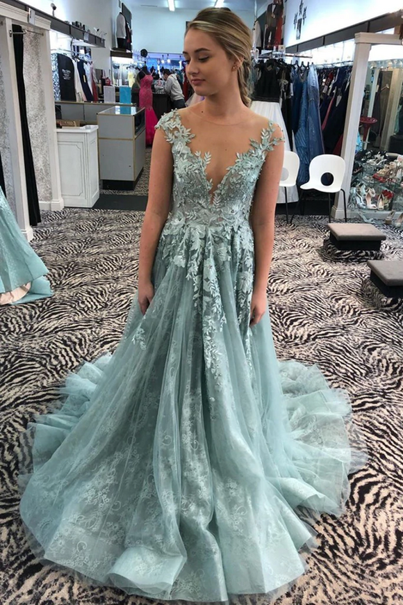 Promfast Illusion Neckine A Line Cap Sleeves Prom Dresses Lace Appliques Formal Evening Gowns PFP2148