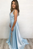 Promfast Glamorous Blue V Neck Lace Sleeveless Sexy Mermaid Prom Dress Evening Dress PFP2150