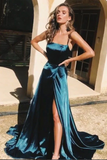 Promfast Simple Dark Green Satin A line Backless Long Prom Dresses with High Slit PFP2151