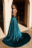 Promfast Simple Dark Green Satin A line Backless Long Prom Dresses with High Slit PFP2151