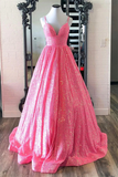 Promfast Shiny Hot Pink Sequins V Neck Backless Long Prom Dress PFP2152