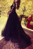 Promfast Black Tulle Lace Long Sleeve Prom Dress With Split PFP2153