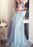 Floral Lace Deep V-neck A Line Light Sky Blue Princess Prom Dress PFP0245