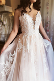 Promfast A Line Spaghetti Straps Applique Wedding Dress Backless Tulle Bridal Dress PFW0613