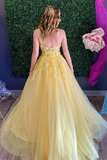 Promfast Chic A Line One Shoulder Yellow Tulle Sleeveless Prom Dress Applique Long Evening Dress PFP2157