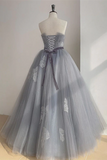Promfast Chic A line Strapless Gray Tulle Long Prom Dress Applique Evening Formal Dress PFP2158