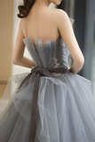 Promfast Chic A line Strapless Gray Tulle Long Prom Dress Applique Evening Formal Dress PFP2158
