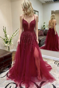 Promfast Burgundy Tulle A line Lace Up Back Thigh Slit Prom Dresses, Evening Gown PFP2159