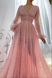 Promfast Dusty Rose A line V neck Long Sleeves Beaded Prom Dresses, Evening Dress PFP2161