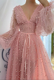 Promfast Dusty Rose A line V neck Long Sleeves Beaded Prom Dresses, Evening Dress PFP2161