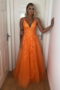 Promfast A Line V Neck Backless Lace Appliques Orange Prom Dresses, Formal Dresses PFP2164
