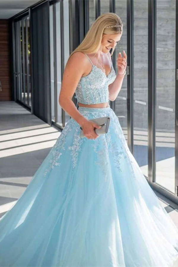 Promfast Chic A Line Spaghetti Straps Two Pieces Prom Dresses Lace Tul Promfast Chic A Line Spaghetti Straps Two Pieces Prom Dresses Lace Tul