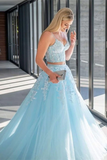 Promfast Chic A Line Spaghetti Straps Two Pieces Prom Dresses Lace Tulle Evening Dress PFP2169
