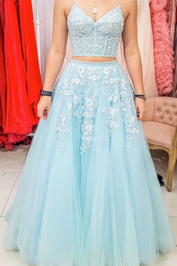 strapless open back dress Promfast Chic A Line Spaghetti Straps Two Pieces Prom Dresses Lace Tul