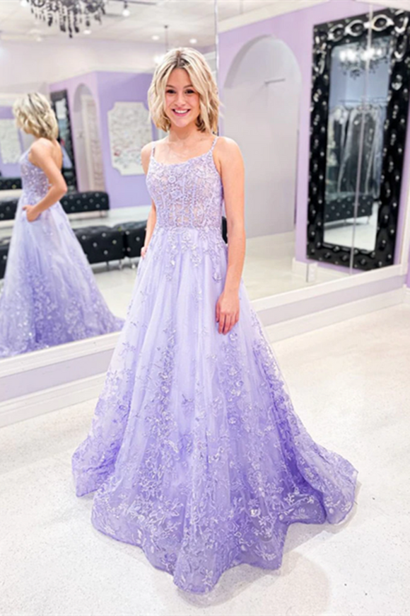 Promfast A line Spaghetti Straps Lace Tulle Purple Long Prom Dress Applique Evening Dress PFP2170